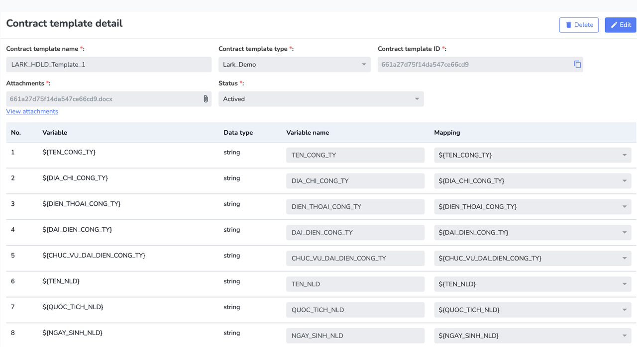Hoàn thiện hợp đồng với template trên VNPT eContract và dữ liệu trên Lark Suite